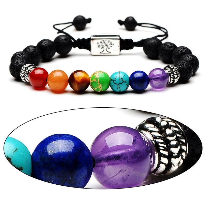 Perlen-Armband aus Lavastein mit 7 farbigen Chakra Naturstein Perlen